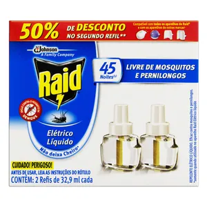 INSETICIDA ELÉTRICO RAID 45 NOITES VÁRIOS TIPOS REFIL C/2 UNIDS.