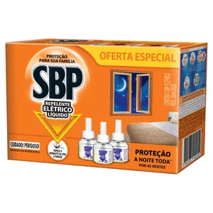 Inseticida Elétrico SBP 45 Noites Refil 32,9ml c/3 Unids.