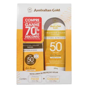 KIT PROTETOR SOLAR CORPORAL FPS 50 200G + PROTETOR SOLAR FACIAL ANTIPOLUIÇÃO FPS 50 50G AUSTRALIAN GOLD
